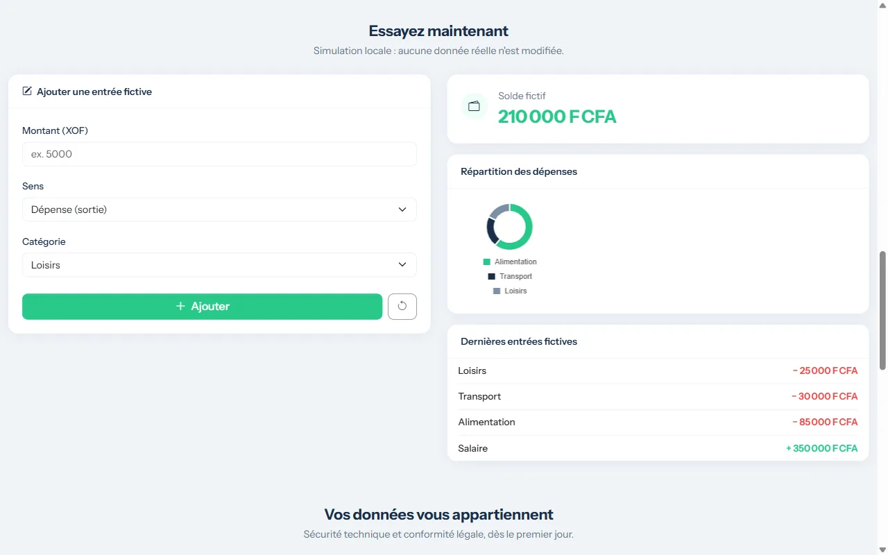 Démonstration d'Oeil 360° Finance : solde fictif, répartition des dépenses et dernières entrées