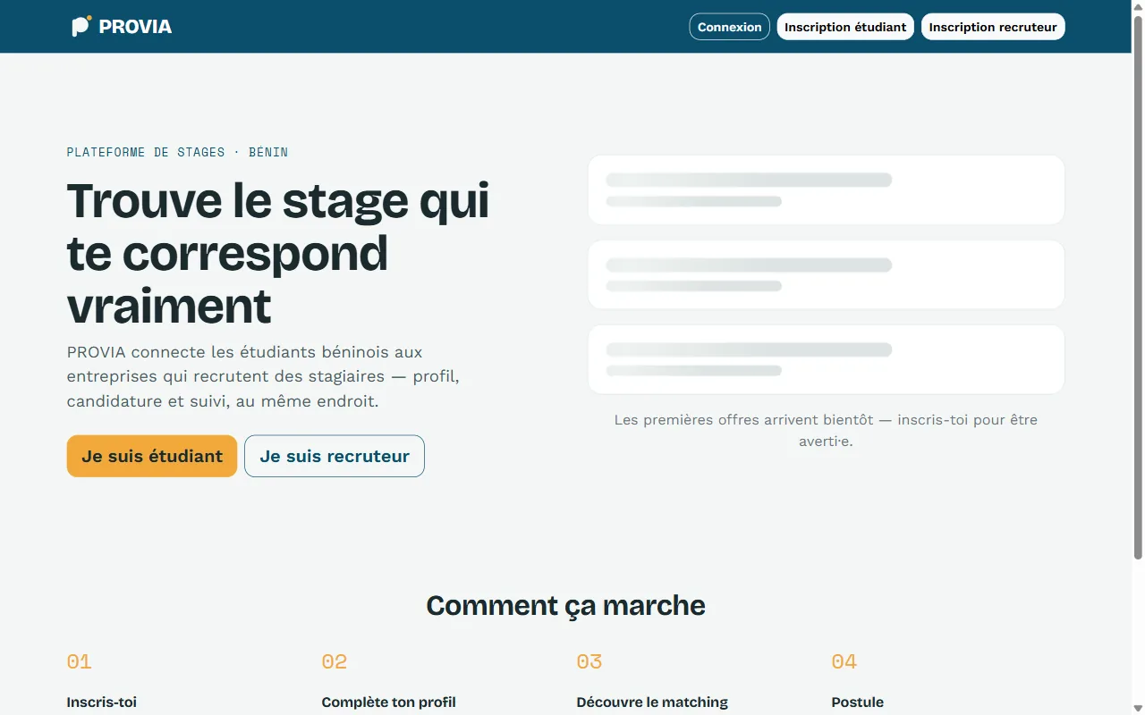 Page d'accueil de PROVIA, la plateforme de stages des étudiants béninois